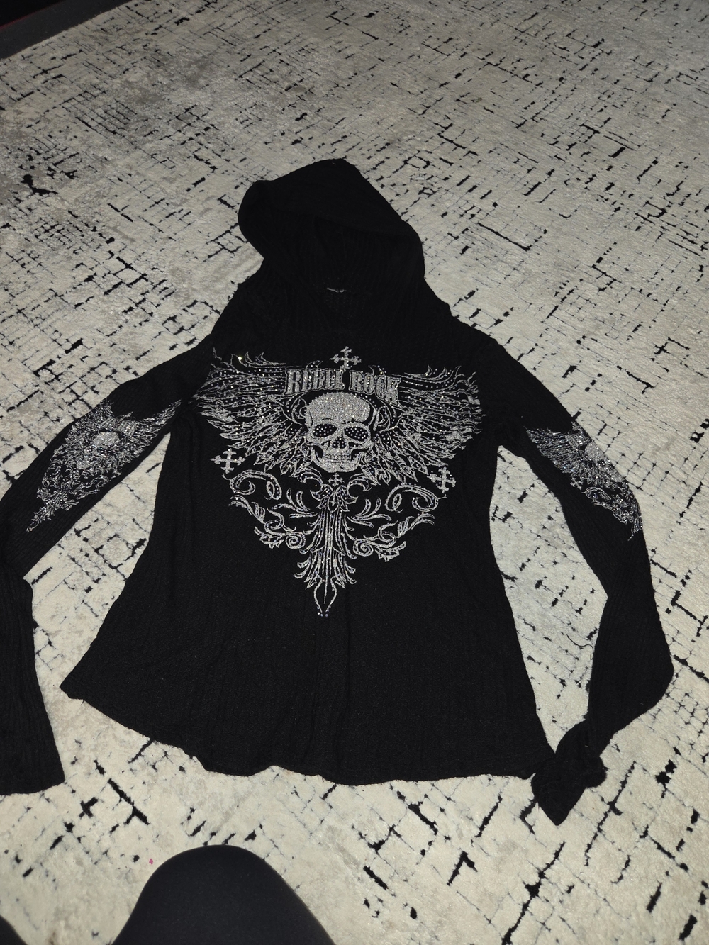 Vocal Apparel long-sleeve thermal hoodie with rhinestone and studs Grunge